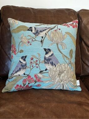 Embroidered Bird & Floral Accent Pillow - Aqua